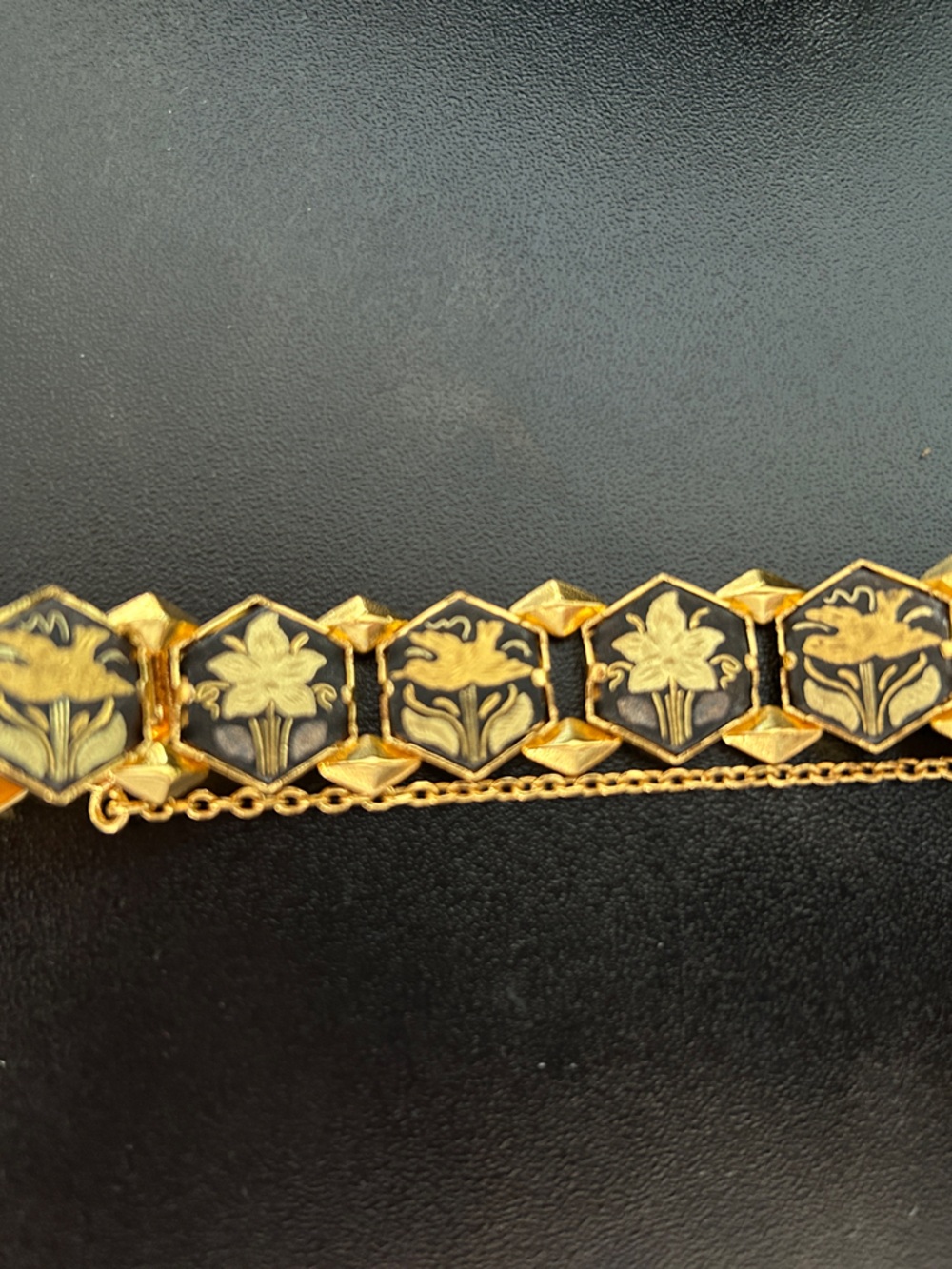 Vintage Damascene Gold and Black Floral Hexagon Links